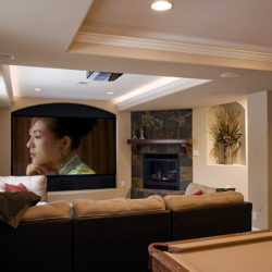 black projection screen recess in basement finishing project